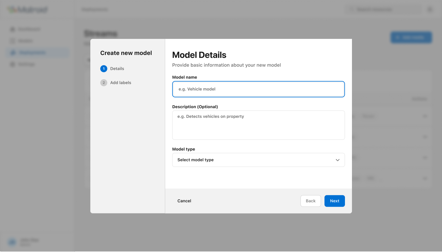 Simplified 2-step model setup form
