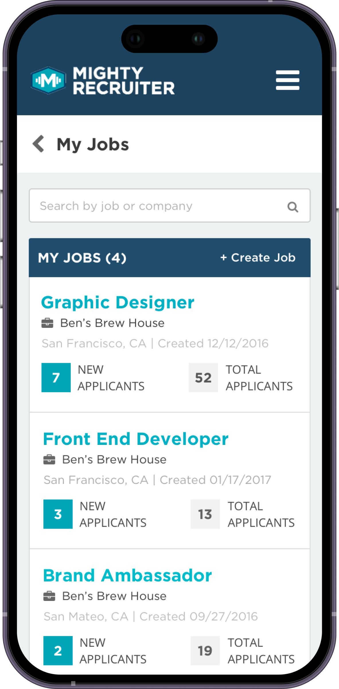 Mighty Recruiter jobs list mobile design.
